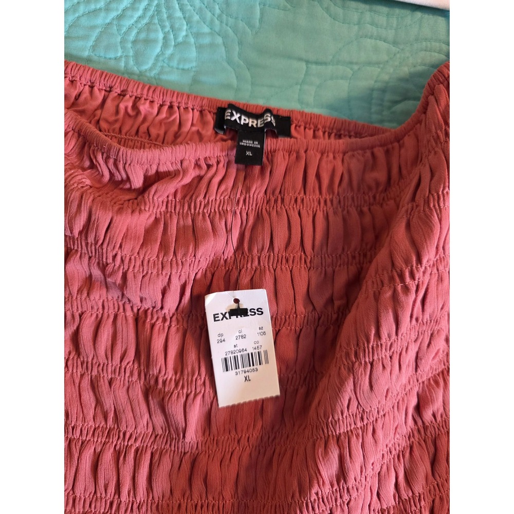 Express Womens XL Smocked Balloon Sleeve Ruffle Hem Mini Dress Dusty Rose Pink - Picture 2 of 8